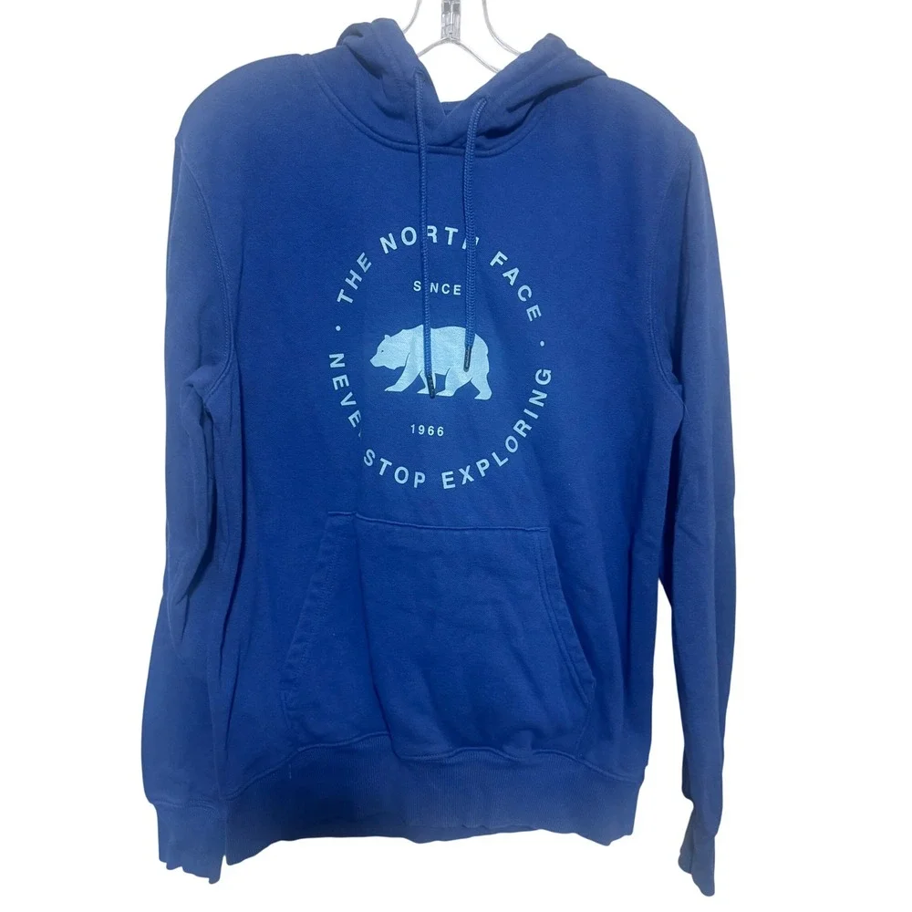 The North Face Mens Royal Blue Bear Graphic Hoodie Never Stop Exploring Small